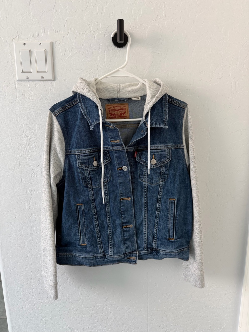 Levi's Blue Denim Jacket with Gray Hoodie Sleeves